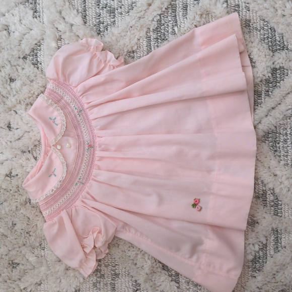 Other - Smocked Pink Collared Dress with Floral Embroidery 0-3 months
